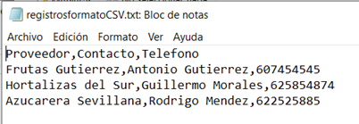 Fichero de proveedores en formato csv